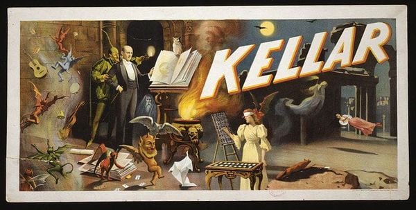A vintage advertisement for a magician called Kellar showing his various tricks done with the assistance of colorful demons.