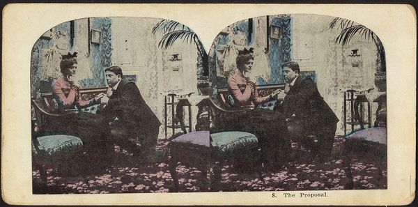 A stereograph photo of a Victorian man proposing marriage to a woman while she sits in a well-appointed living room.