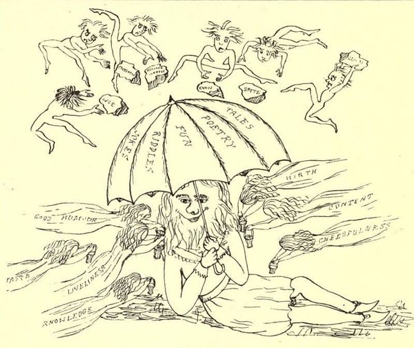 A pen and ink sketch of a happy bearded person under an umbrella inscribed with enjoyable activities, surrounded by various good and evil sprites.