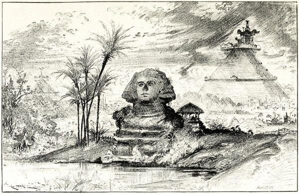A pencil drawing or etching of the Sphinx and the Great Pyramids surrounded by green plants, fresh water, and futuristic technology.
