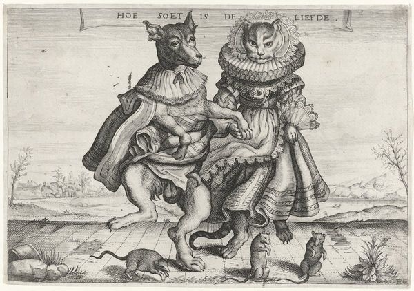 A ca. 1615 print of a dog and cat dressed in historic Dutch clothing, dancing upright with a group of mice. A banner reads "How sweet is love" in Dutch.
