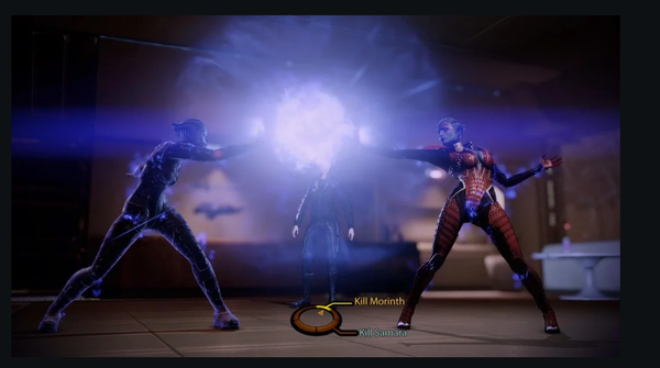 A screenshot from Mass Effect 2 in which blue aliens Samara and Morinth duel while the player chooses which to support.
