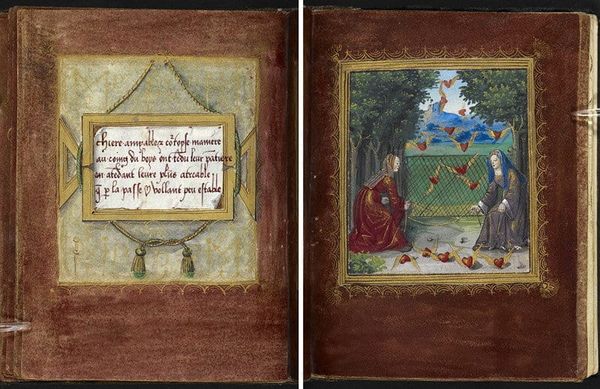 A photograph of an open book. On the left side is an illuminated paragraph of French calligraphy. On the right side is a framed painting of two women capturing winged hearts in a net.