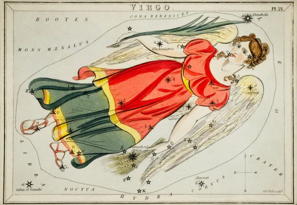 A colorful illustration of the constellation Virgo, overlaying the image of a beautiful winged woman on a labeled star map.