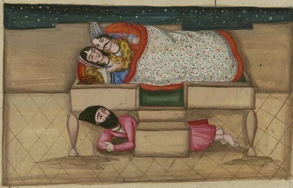 An 1847 illustration from Anvār-i Suhaylī showing a nervous man hiding beneath a bed while a couple embrace above him.