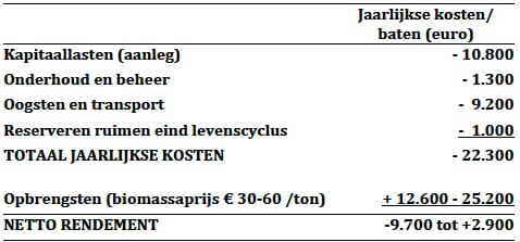 Tabel: jaarlijkse kosten en baten van 20 ha wilgenlantage