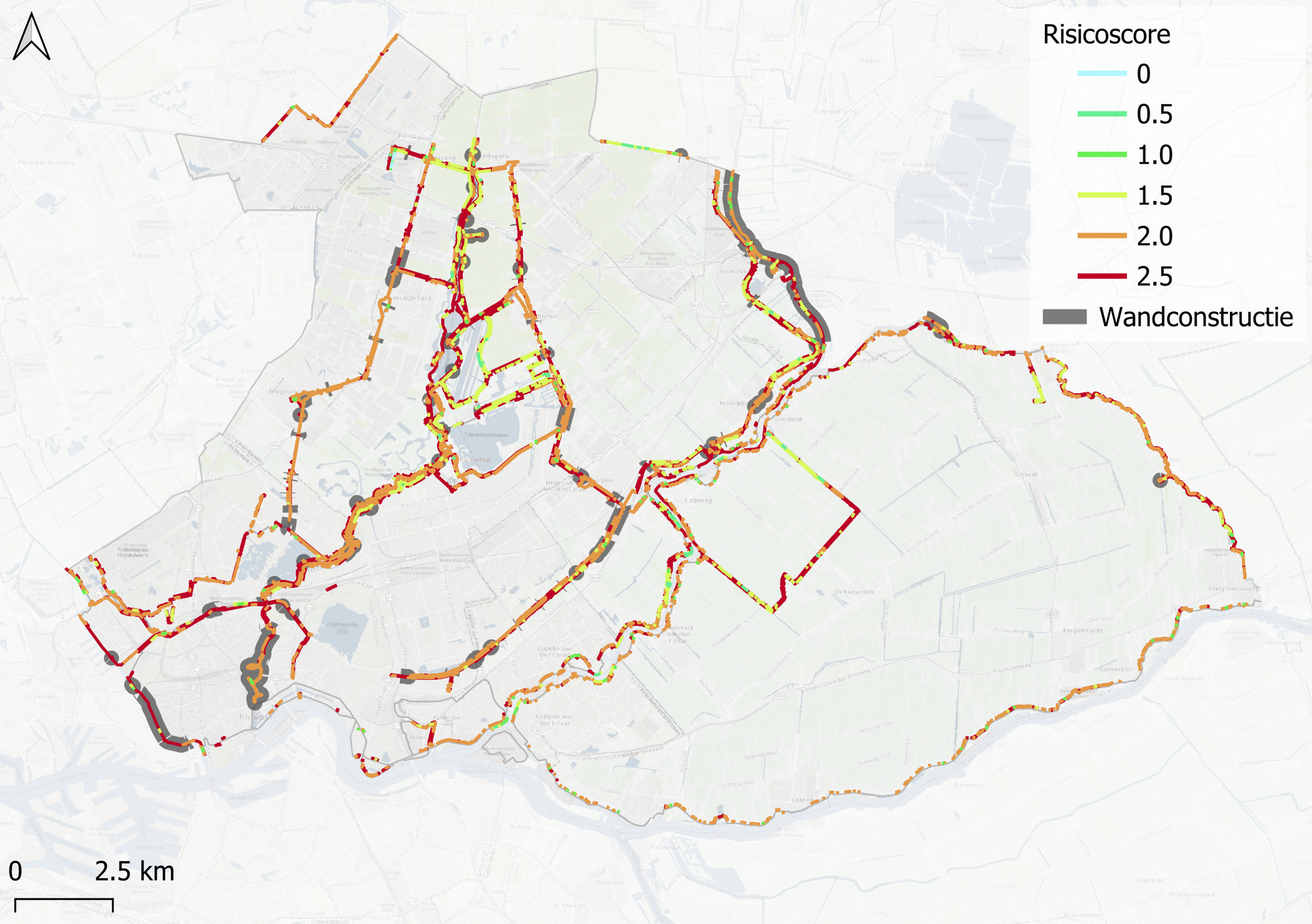 Figuur 8. Risicoscore voor bevergraverij in oevers op minder dan 20 meter afstand van alle keringen