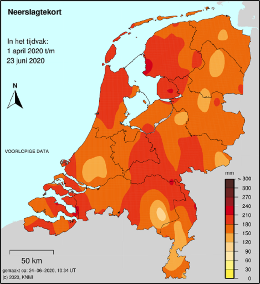 Kaart van neerslagtekort 24 6 2020
