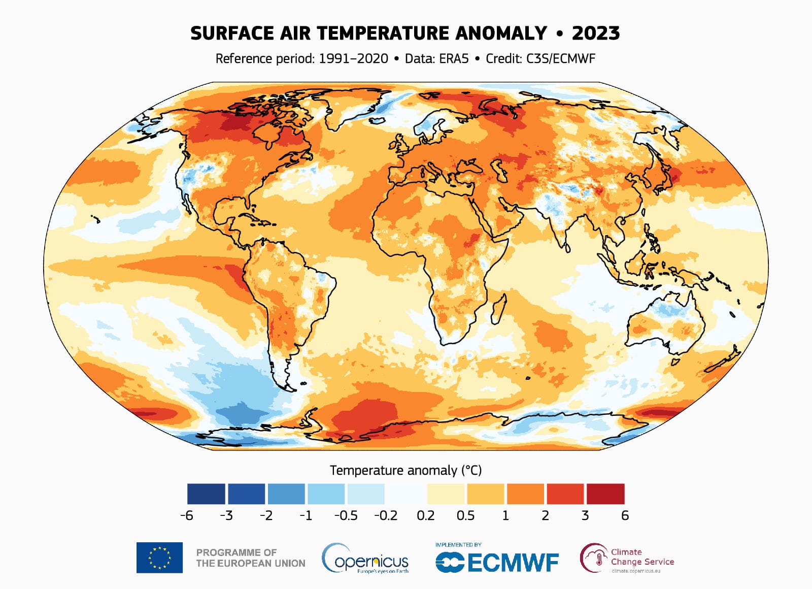 Oppervlaktetemperatuur afwijkingen 2023 Copernicus 