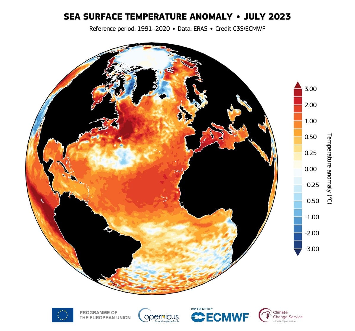 Temperatuurafwijkingen Atlantische Oceaan juli 2023