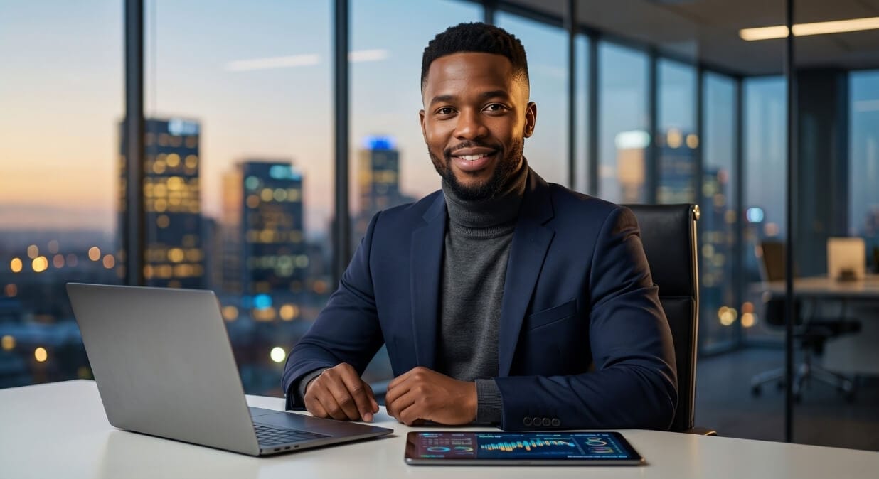 A professional South African man in a modern office setting using a laptop, representing the Multi-Domain Professional model.