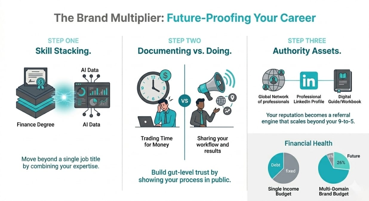 Infographic showing the three-step transition from service provider to personal brand: 1. Identify Domain, 2. Document Workflow, 3. Provide Value.