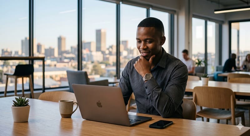 Candid lifestyle photo of Thabo, a young Black South African professional, focused on work with a laptop in a modern co-working space overlooking the Johannesburg skyline.