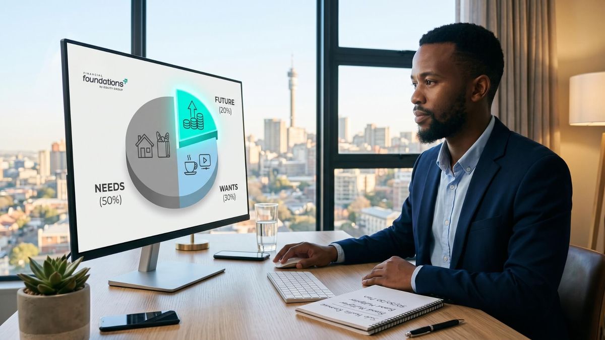 Young professional using the 50/30/20 budget calculator to rebalance income and investments, featuring Equity Group Financial Foundations branding.