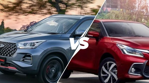 A split-screen comparison showing a blue Chery SUV on the left and a red hatchback car on the right, separated by a large white VS text overlay.