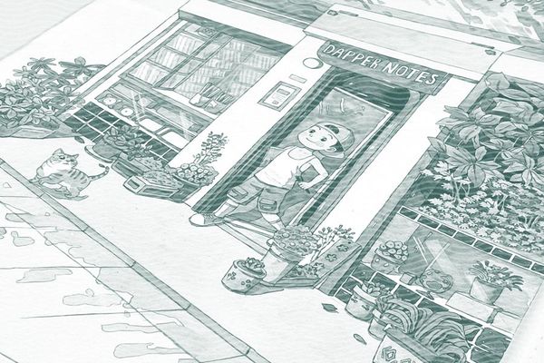 closeup of a watercolor illustration depicting a young person strutting out of a stationery shop's front door