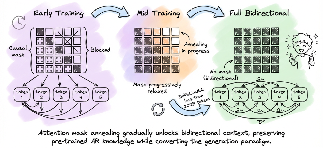 Attention mask annealing diagram showing the progressive transition from causal (triangular) mask to full bidirectional (no mask) attention over training steps
