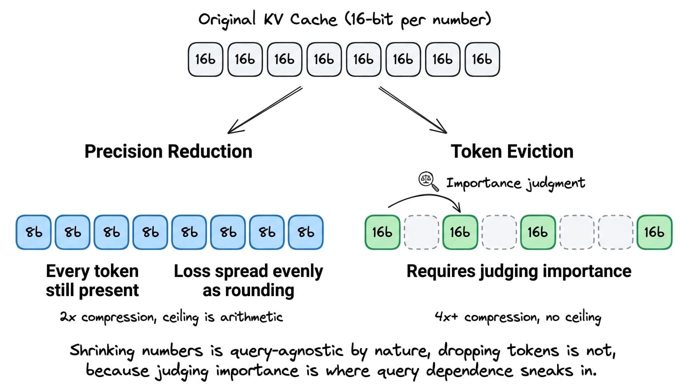 Side-by-side diagram of the same KV cache processed by two compression families: left shows precision reduction (each stored number shrunk from 16-bit to 8-bit, every token still present, loss spread evenly as rounding), right shows token eviction (whole tokens dropped based on an importance judgment, higher compression ratio but requires deciding what matters). Takeaway: shrinking numbers is query-agnostic by nature, dropping tokens is not, because judging importance is where query dependence sneaks in.