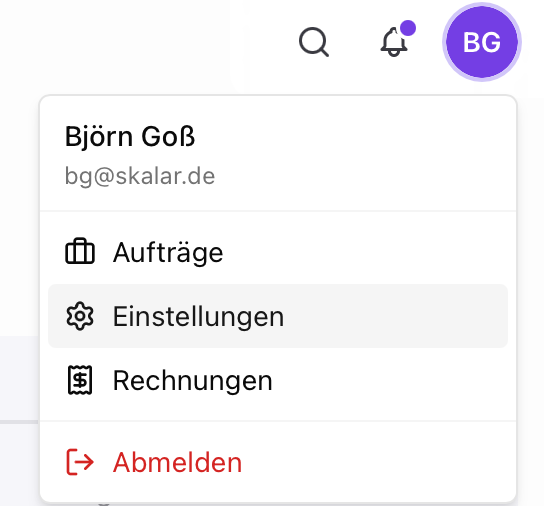 Skalar Kontomenü mit Einstellungen