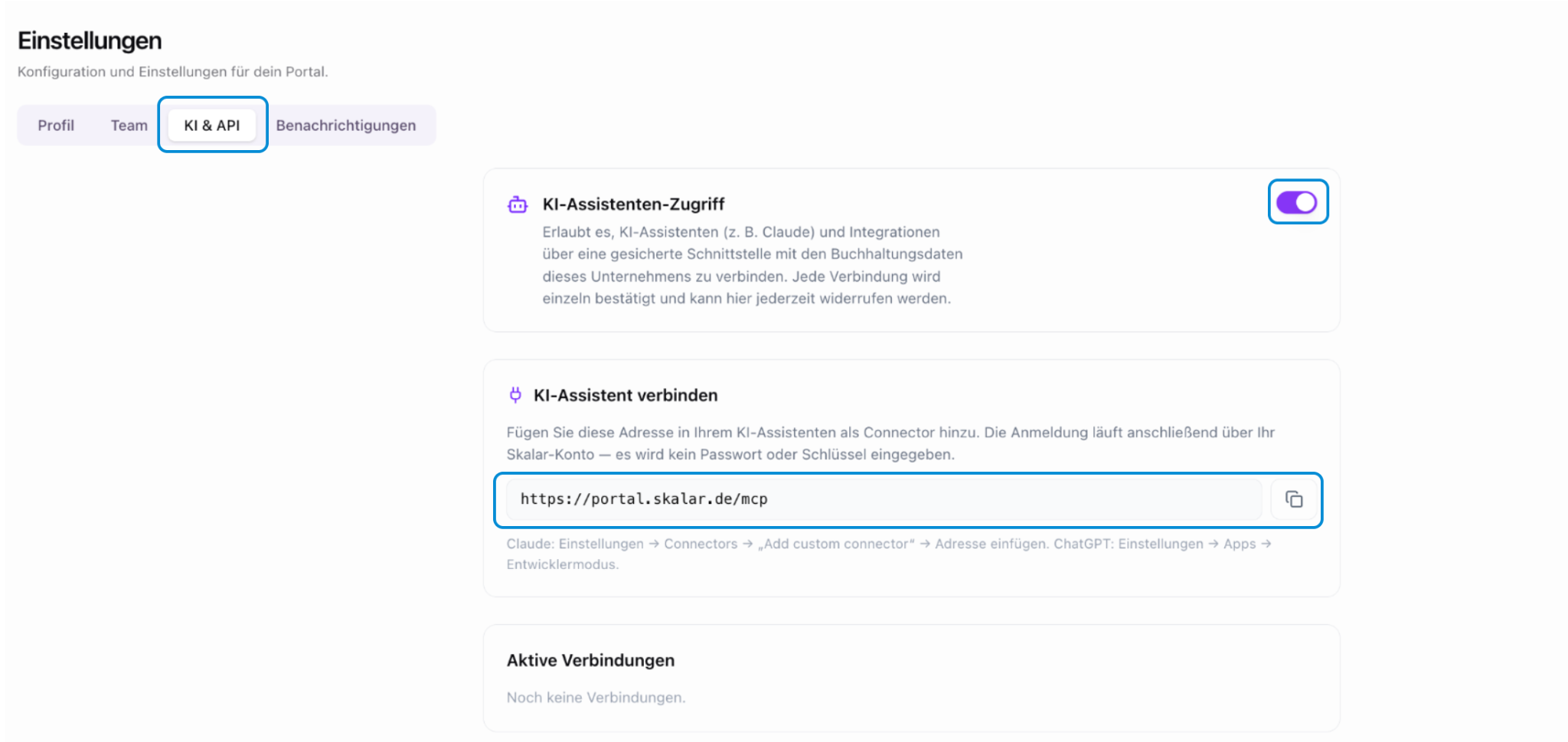 Skalar Einstellungen KI und API mit Verbindungs URL