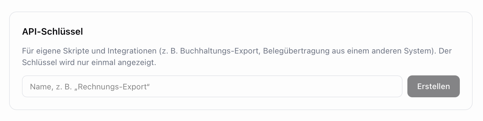 Skalar API-Schlüssel Abschnitt mit Namensfeld