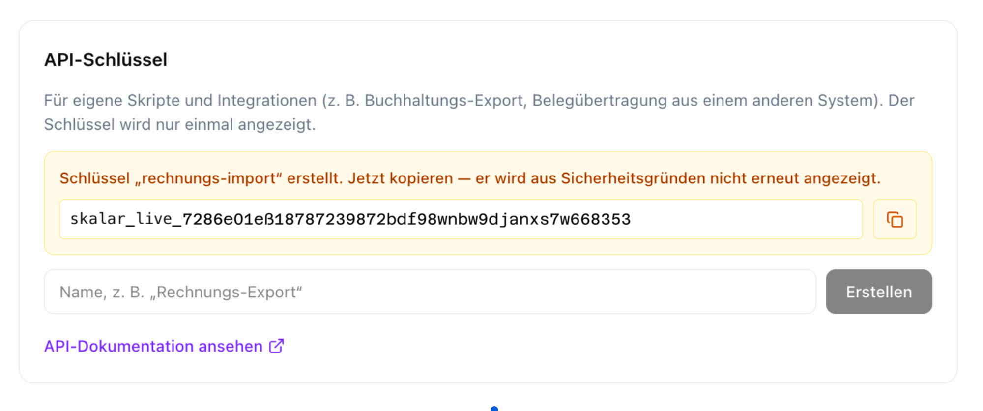 Skalar API-Schlüssel wird angezeigt