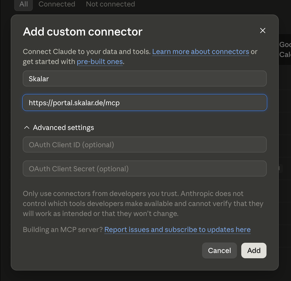 Add custom connector Dialog mit Skalar URL