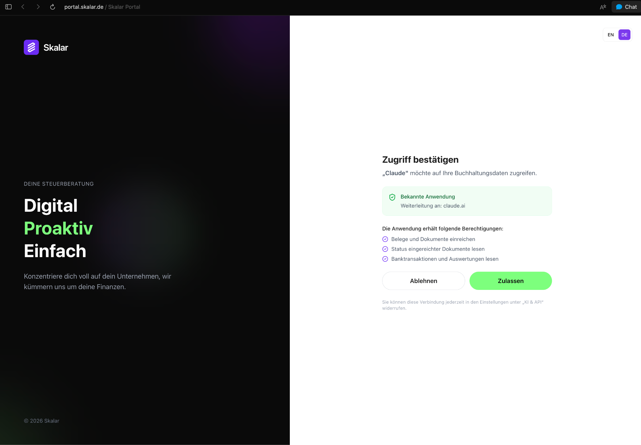 Skalar Portal Zugriff bestätigen Dialog