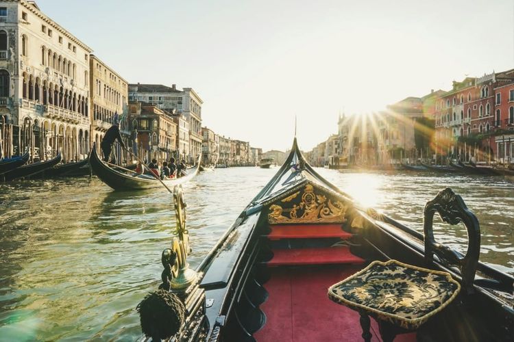 Gondola in venetian lagoon near rialto at best boutique hotels in Venice
