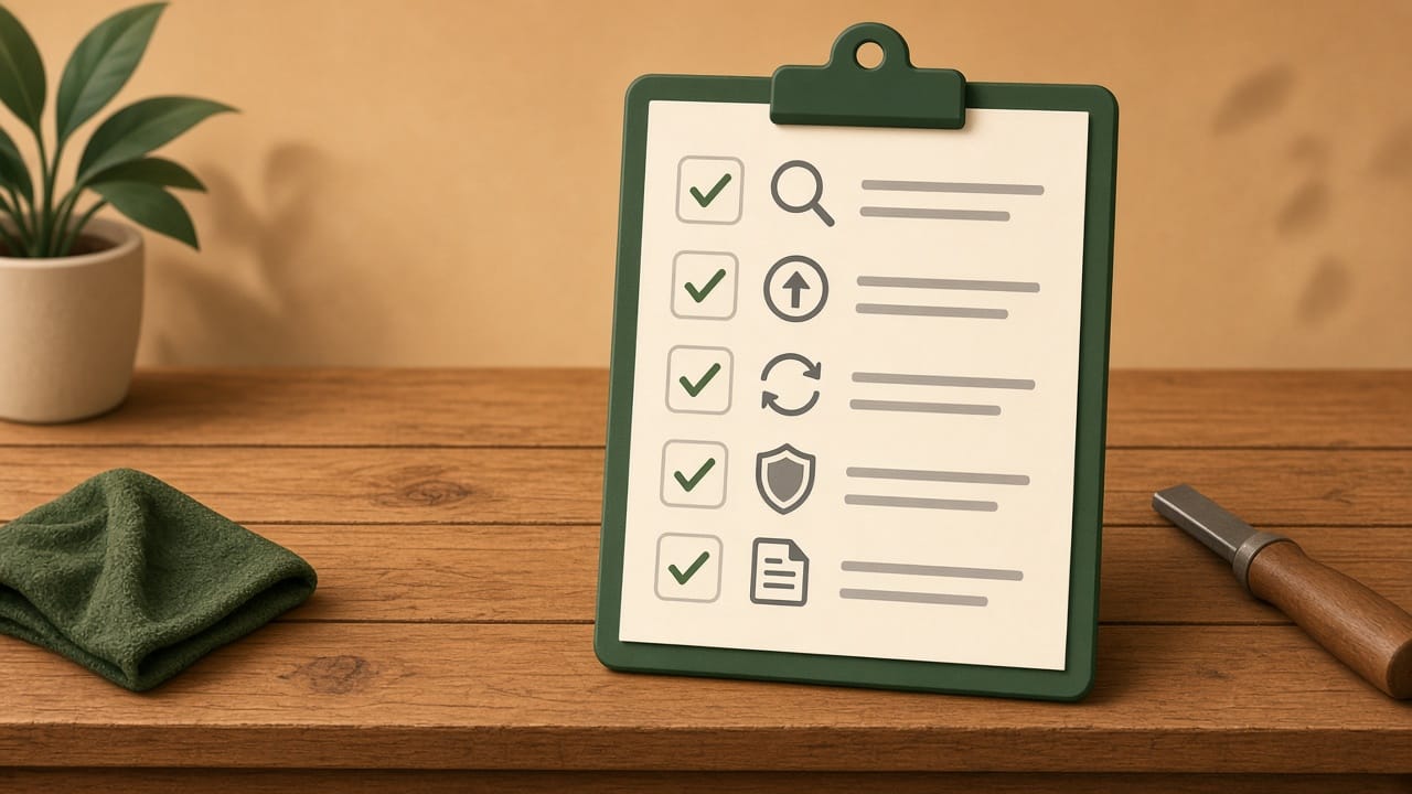 A clipboard checklist on a wooden workbench with five checked rows