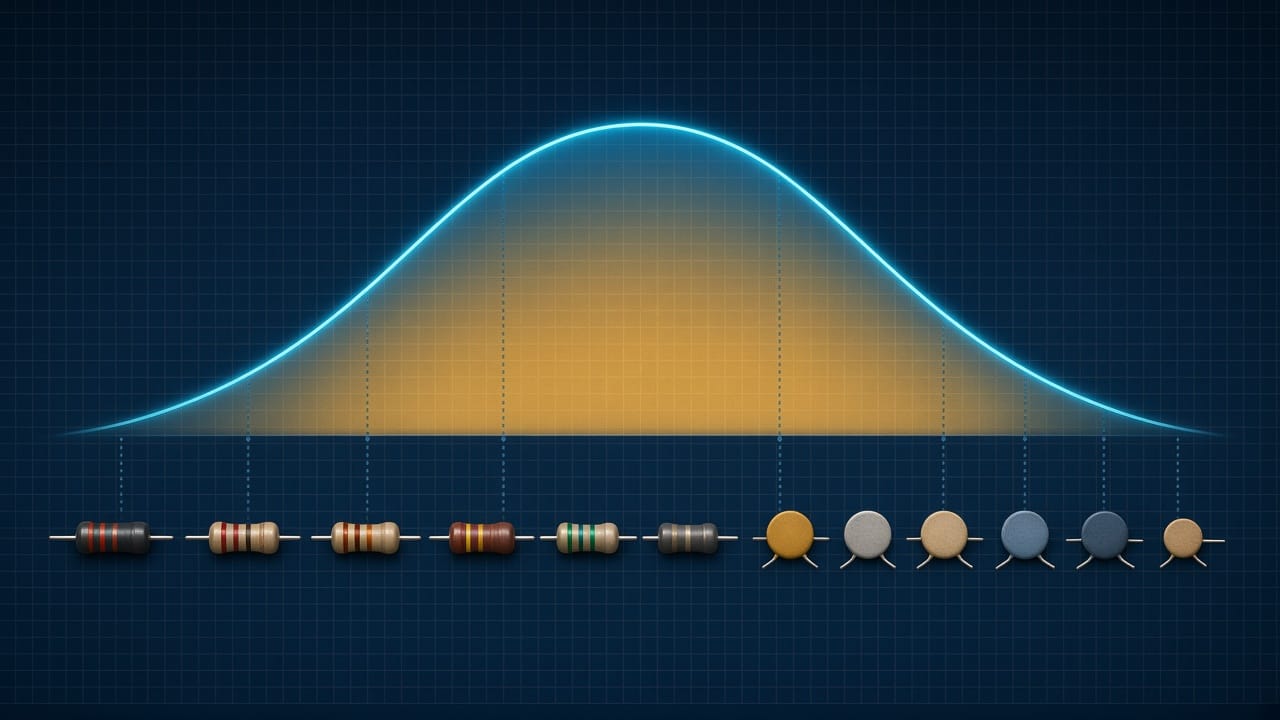 A glowing bell curve above a row of resistors and capacitors, with dotted lines showing where each part falls in the distribution.