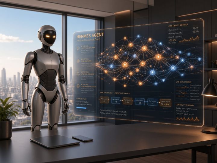 A humanoid robot stands in a sunlit office beside a holographic Hermes Agent display showing a knowledge graph and a timeline of past sessions.