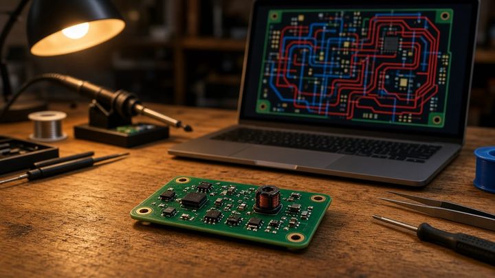 A small green circuit board on a wooden workbench beside a laptop showing a colorful PCB layout, lit by a desk lamp.
