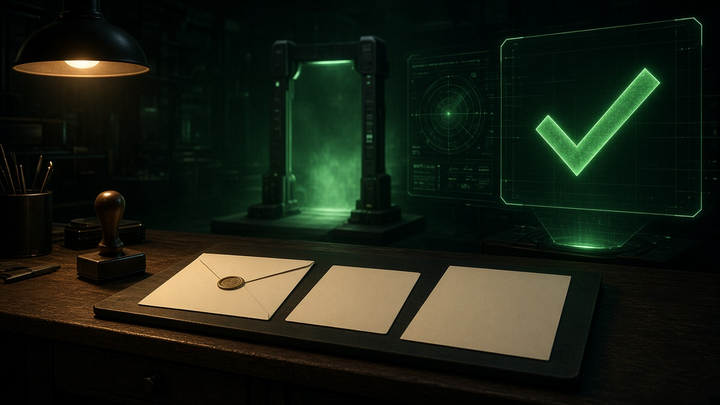 A wax sealed envelope and two blank sheets on a dark desk next to a rubber stamp, with a glowing green gateway and a large green checkmark on a holographic screen behind them.