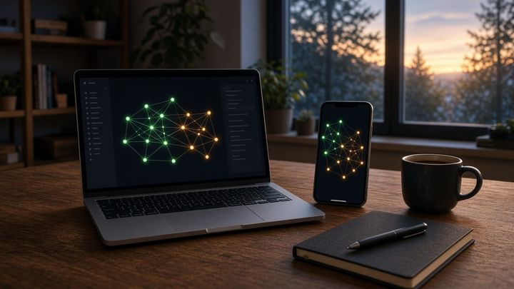 A laptop and phone on a wooden desk at dusk, both showing a glowing notes graph.