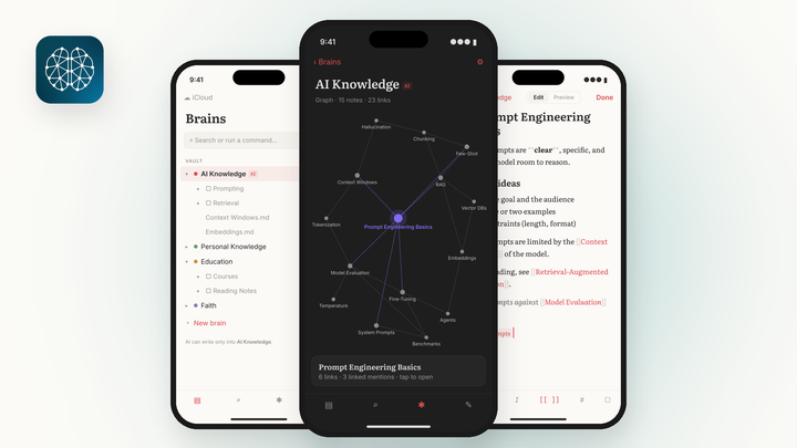 GrizzlyRay Notes app concept: three iPhone screens showing the Brains list, a dark graph of linked notes, and the Markdown editor