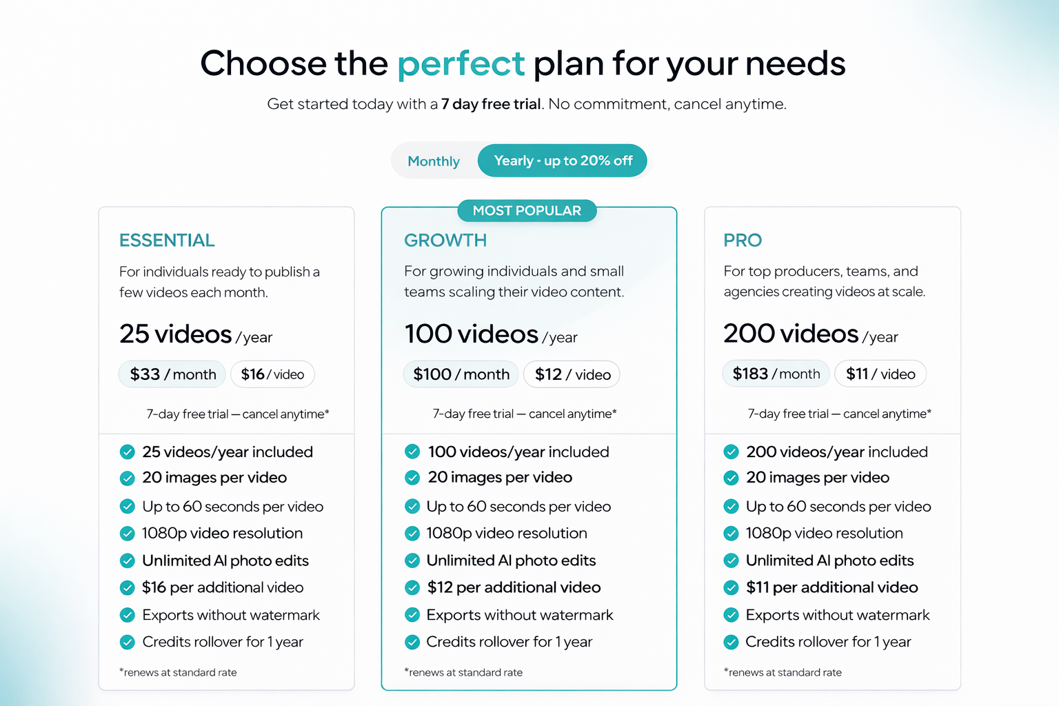 AutoReel Pricing at a Glance (Monthly vs Yearly)