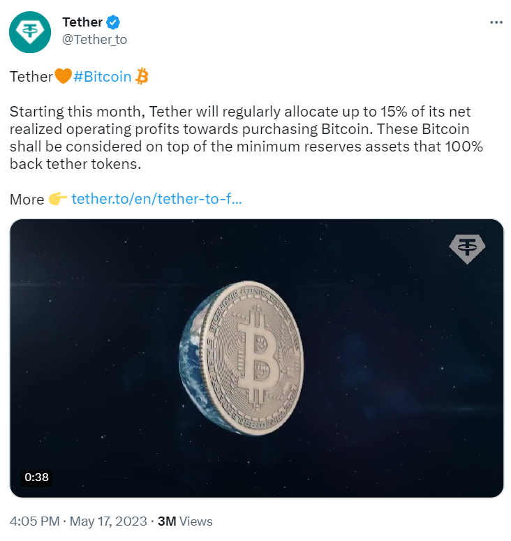 Tether's post about the new investment strategy.