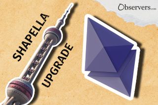 Shapella Upgrade. Ethereum logo. Shanghai TV tower.