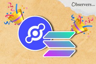 Helium logo, Solana logo, party poppers