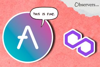 Aave logo, Polygon logo, Text cloud from the "This is fine" meme