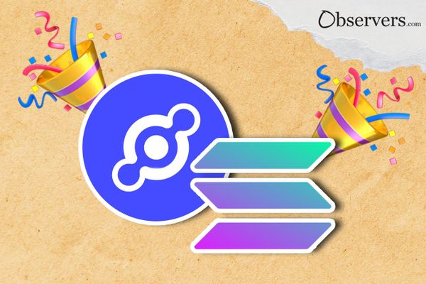 Helium logo, Solana logo, party poppers