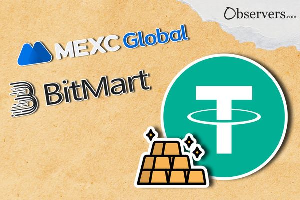 Logos of Tether, BitMart and MEXC Global.