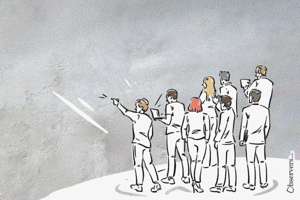 Illustration of a crowd observing or pointing toward a shared goal, symbolizing the collective discovery of truth through prediction markets