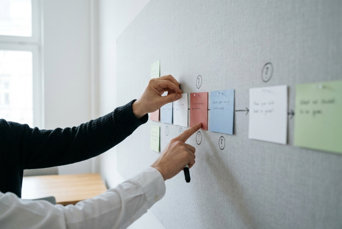AI-generated illustration of two hands arranging coloured cards as a sequence of process steps on a pinboard wall.