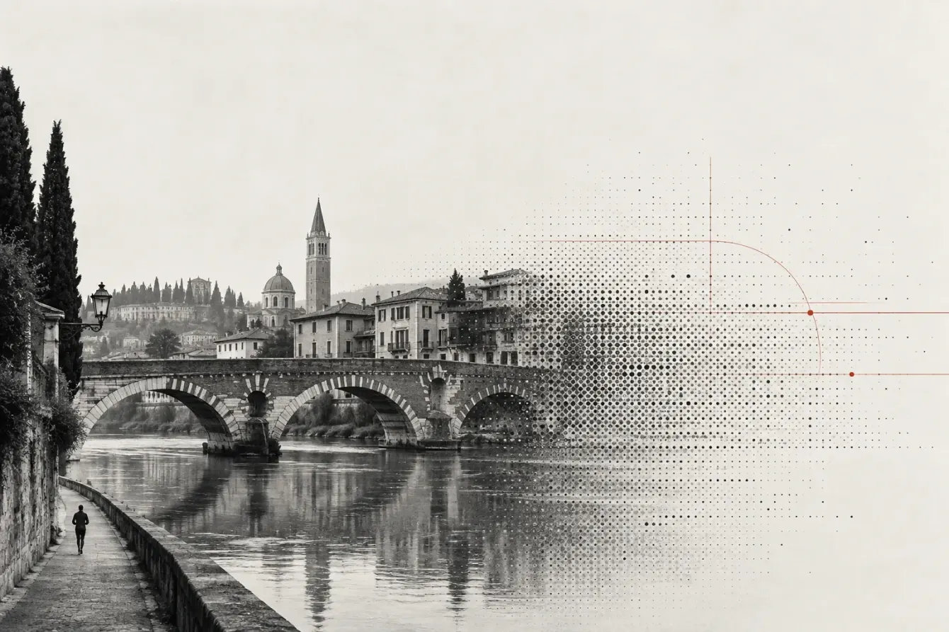 Conceptual illustration of a runner beside a Verona bridge, dissolving into print dots