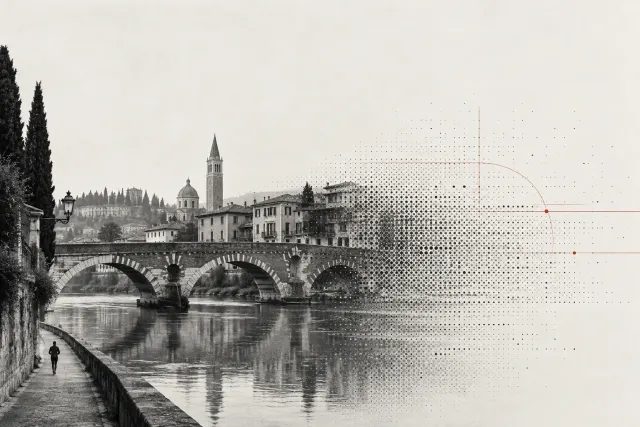 Conceptual illustration of a runner beside a Verona bridge, dissolving into print dots