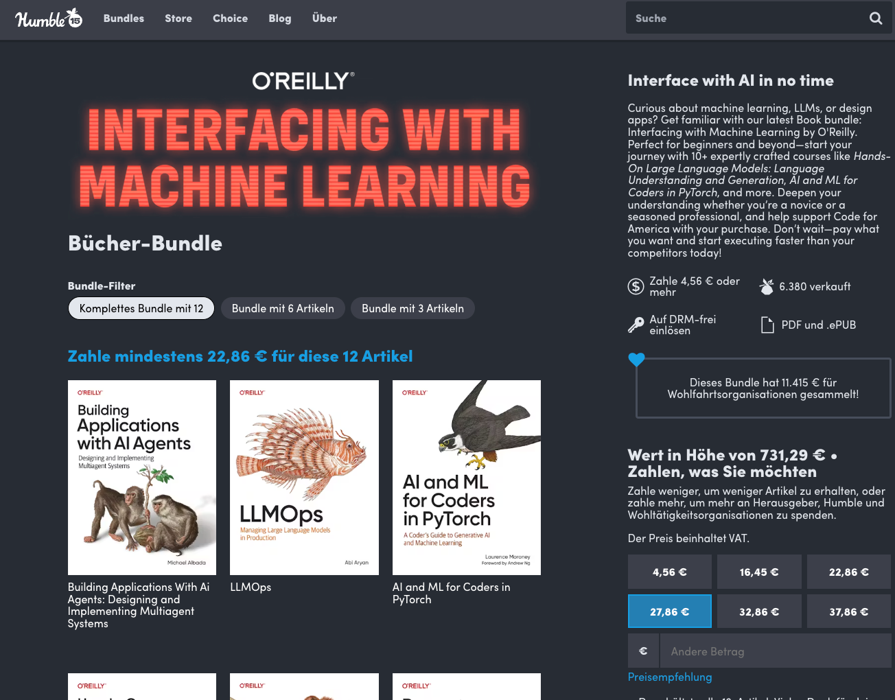 Screenshot der Humble Bundle Seite: O'Reilly Bücher-Bundle "Interfacing with Machine Learning", 12 Bücher ab 4,56 Euro, DRM-frei als PDF und ePub, bereits 6.380 mal verkauft.