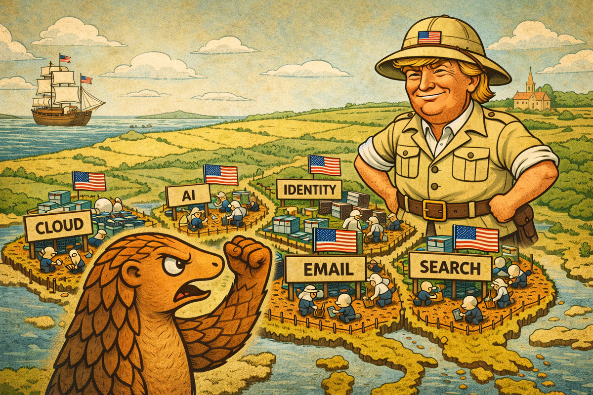 Ein US-Kolonialherr (Trump-Stil) markiert AI & Cloud als US-Claims. Ein wütendes Schuppentier (Pangolin) ballt davor die Faust zum Widerstand gegen die digitale Landnahme.