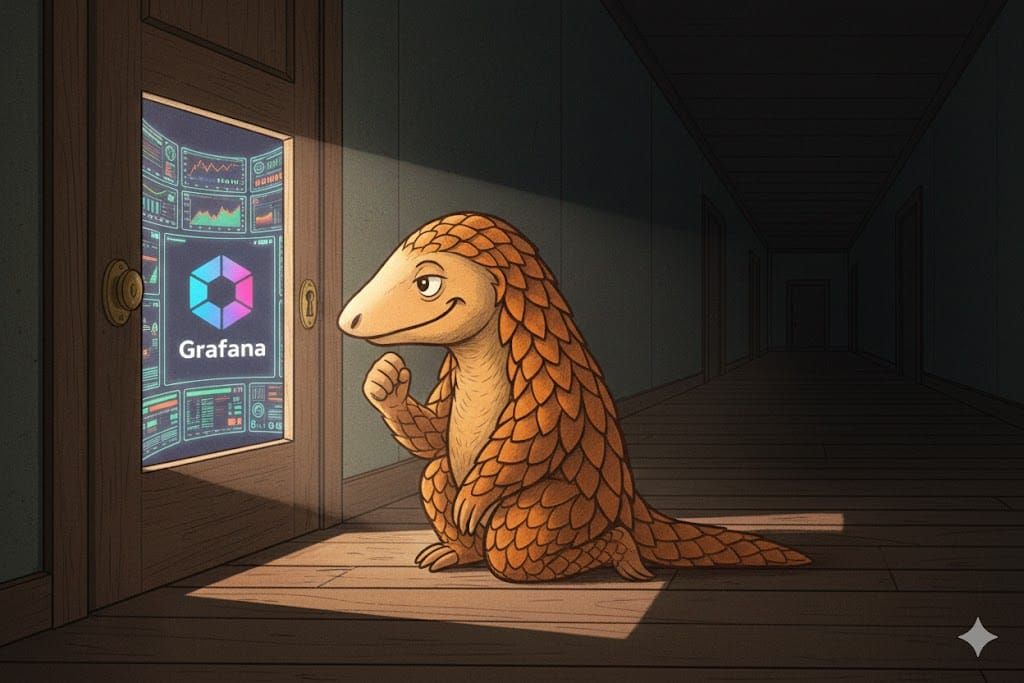 Ein animiertes Pandolin schaut neugierig durch eine geöffnete Tür auf einen hell erleuchteten Monitor, der ein komplexes Grafana-Dashboard mit Server-Metriken anzeigt.